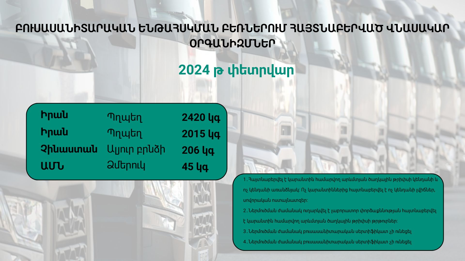 ԲՈՒՍԱՍԱՆԻՏԱՐԱԿԱՆ ԵՆԹԱՀՍԿՄԱՆ ԲԵՌՆԵՐՈՒՄ ՀԱՅՏՆԱԲԵՐՎԱԾ ՎՆԱՍԱԿԱՐ ՕՐԳԱՆԻԶՄՆԵՐ (2024 թ․ փետրվար)